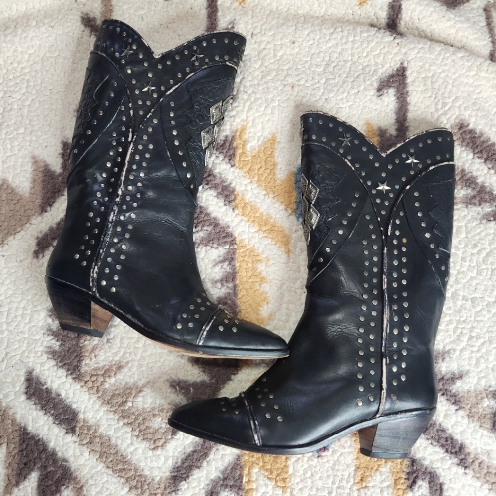 Black Studded Silver Leather Cowboy Cowgirl Western Heeled Boots 8.5M